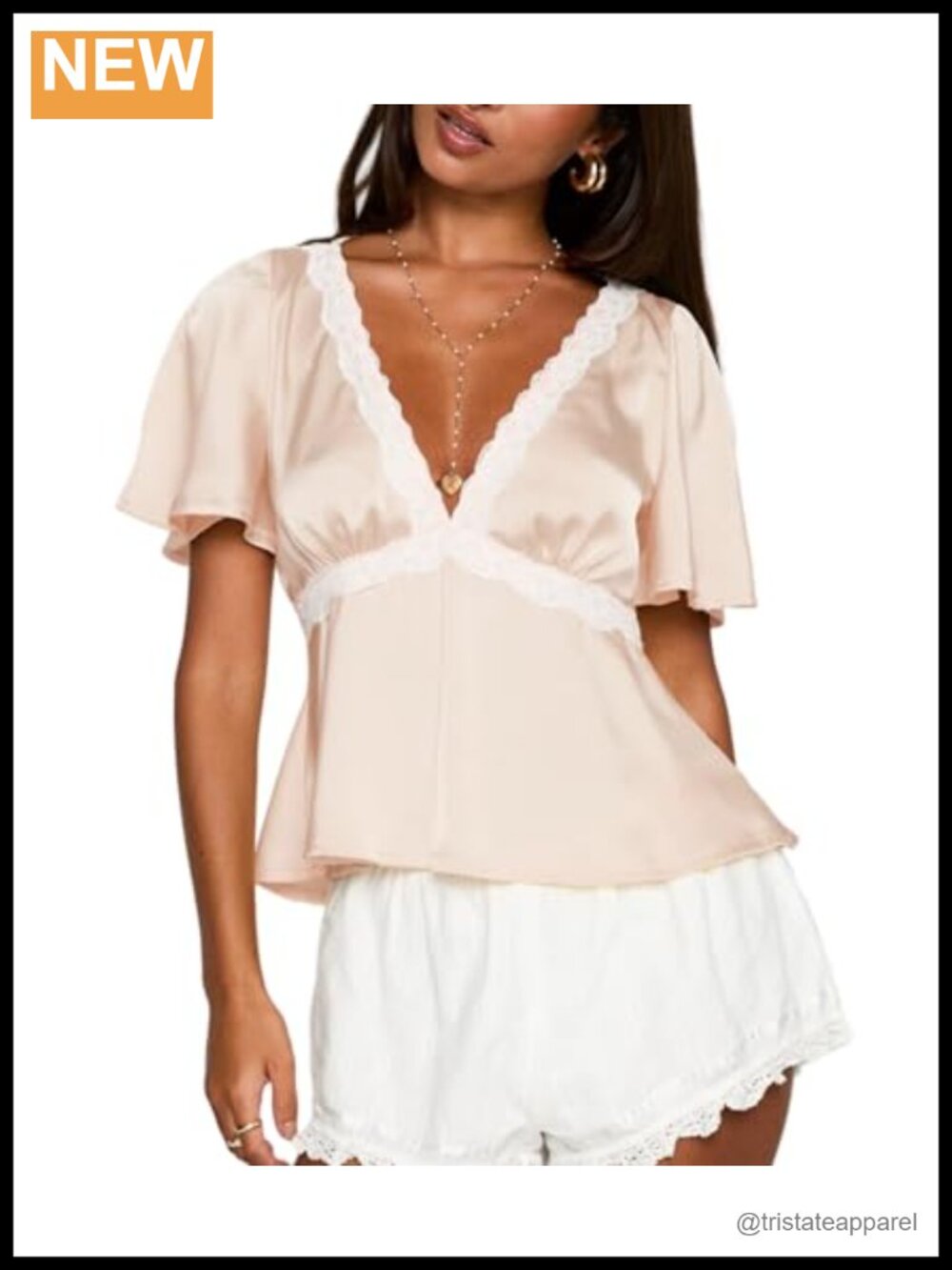 Lace Trim Short Sleeve Blouse V Neck Satin Peplum Crop Babydoll Top